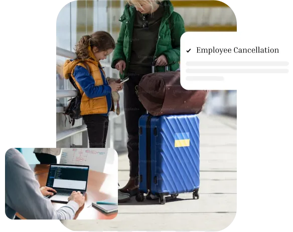 Travelers at airport and a working professional, related to UAE labour cancellation.