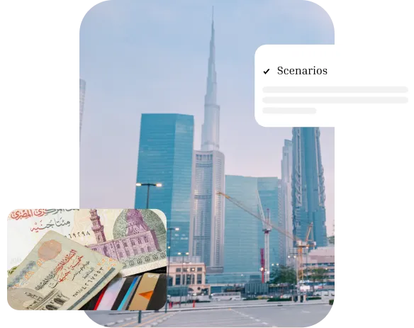 UAE skyline and currency, illustrating scenarios for labour cancellation services.