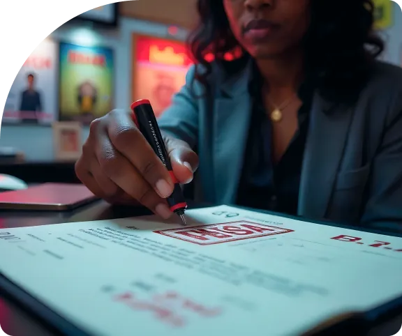 Woman finalizing UAE outpass cancellation documents on her desk.
