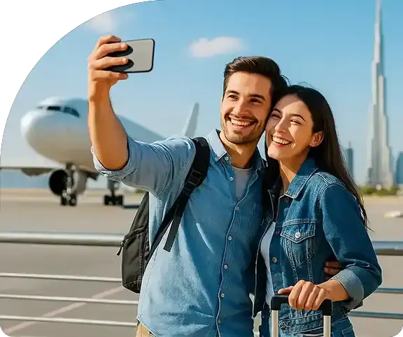 Happy couple taking a selfie at Dubai airport with Burj Khalifa, symbolizing spouse visa services and family travel