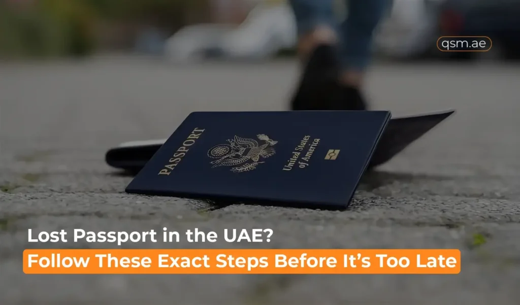 passport lying on the ground with blurred background, representing lost passport in the UAE steps guide.