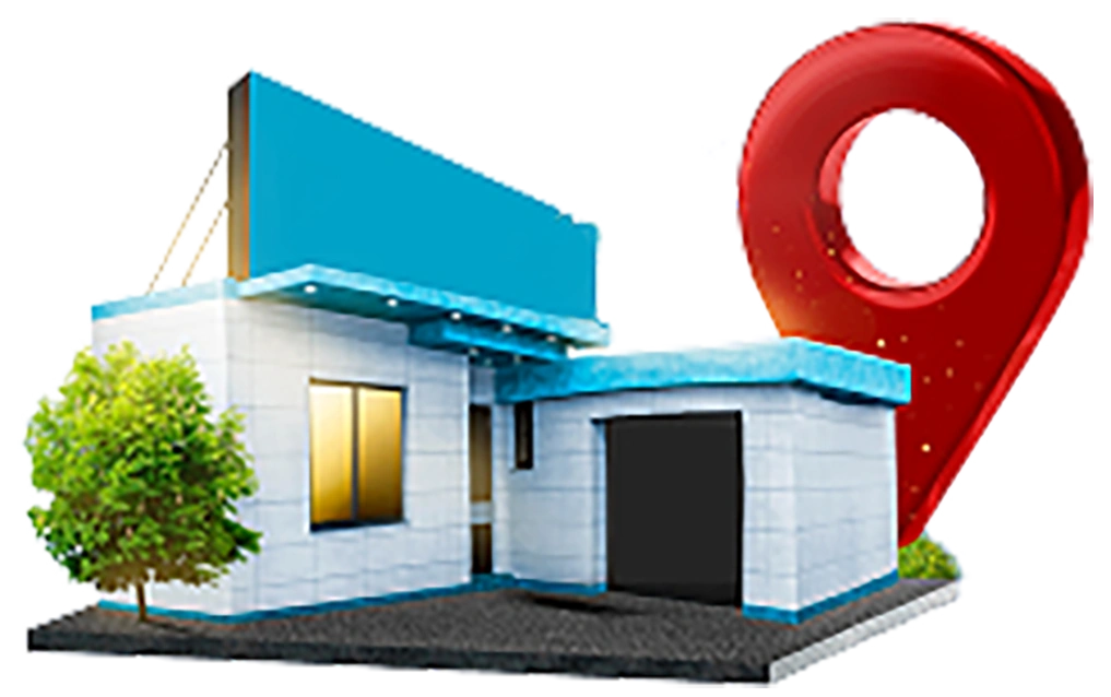 Modern office building with location pin for best typing services