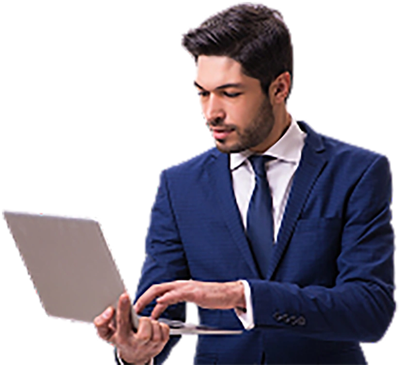 Professional businessman in blue suit using tablet for best typing services