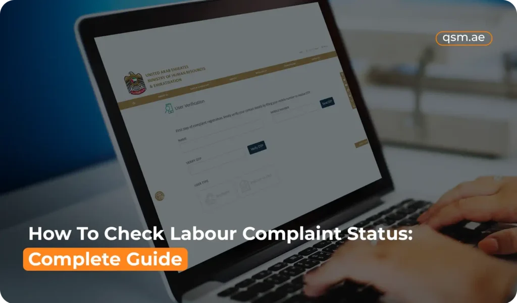 Person using MOHRE website on laptop showing how to check labour complaint status in UAE online.