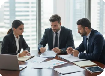 Business consultants discussing document clearing services and compliance requirements in Dubai office.