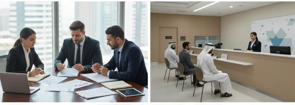 Customers receiving assistance for document clearing services at a UAE government service center.