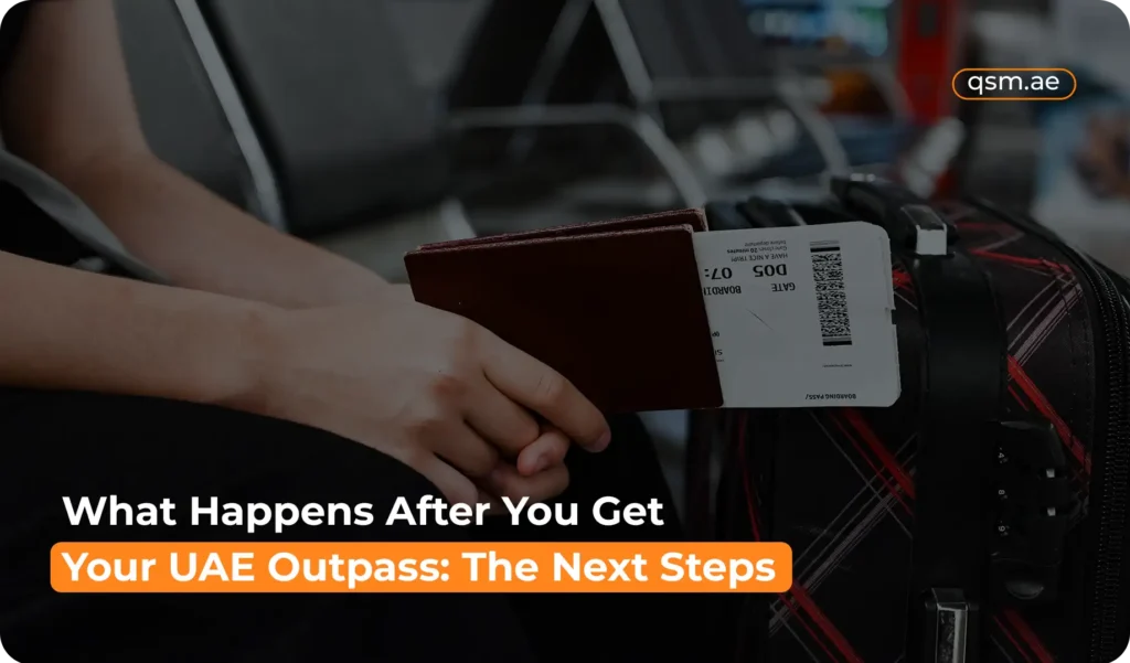 Illustration explaining the steps after receiving a UAE outpass, including travel booking and legal exit procedures.