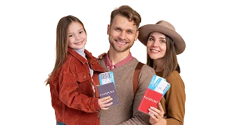 Happy family holding passports representing UAE Blue Visa family sponsorship
